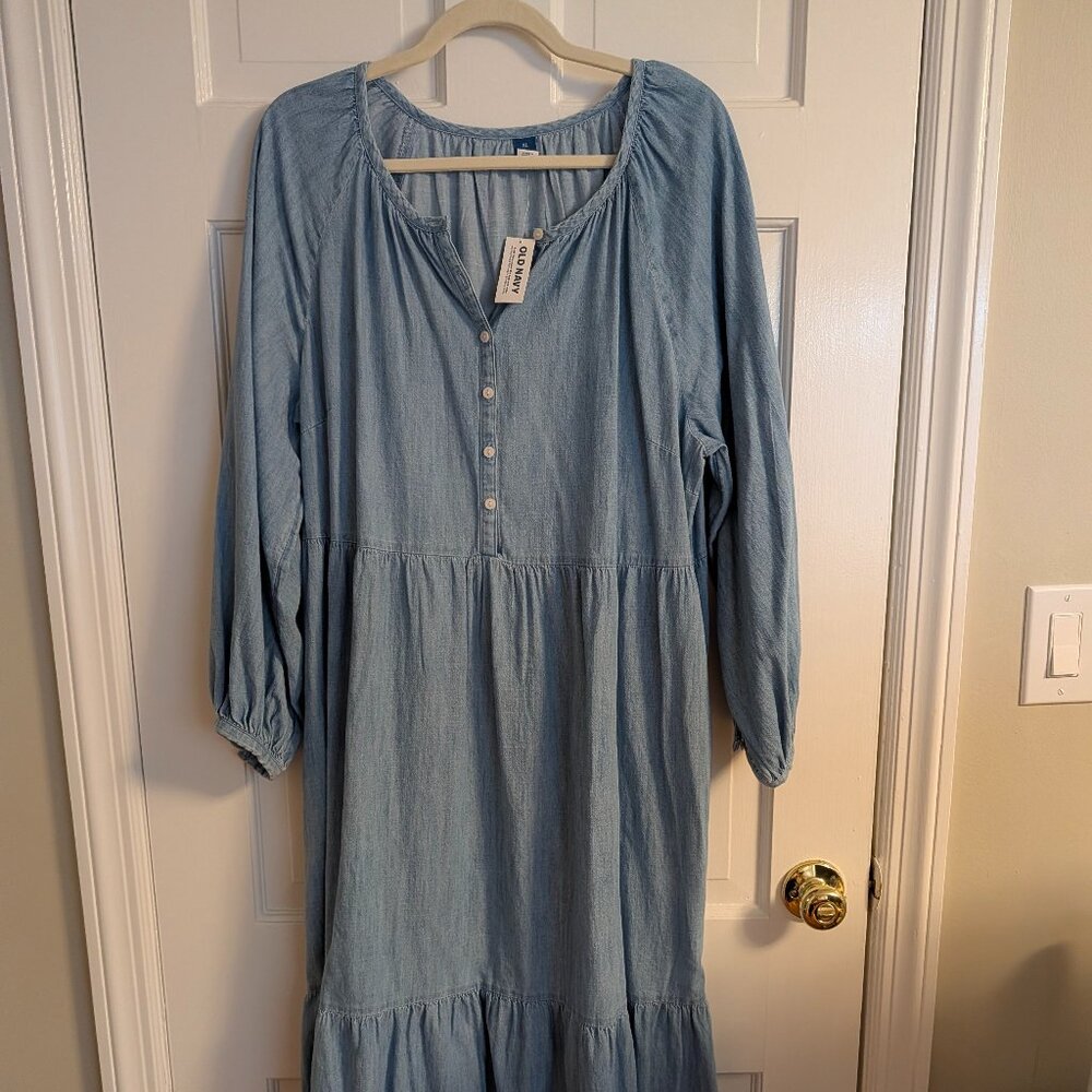 Old Navy Chambray Tiered Dress | Light Wash | Long Sleeve | Size XL